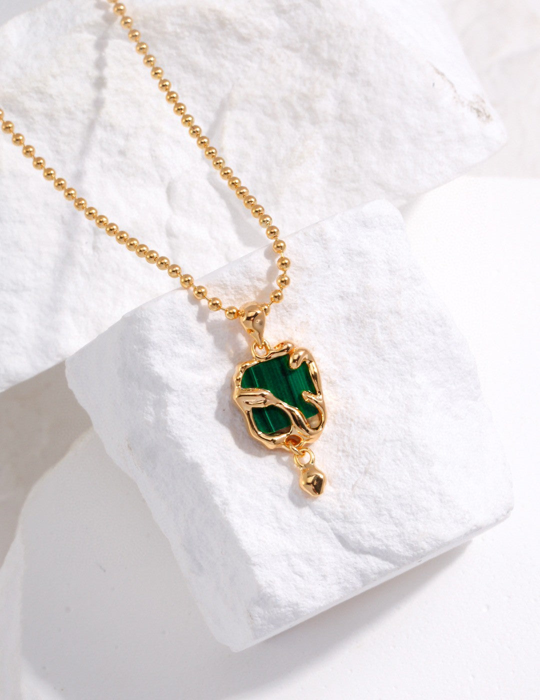 Square Crystallized Green Malaphite Necklace with Gold Beaded Chain