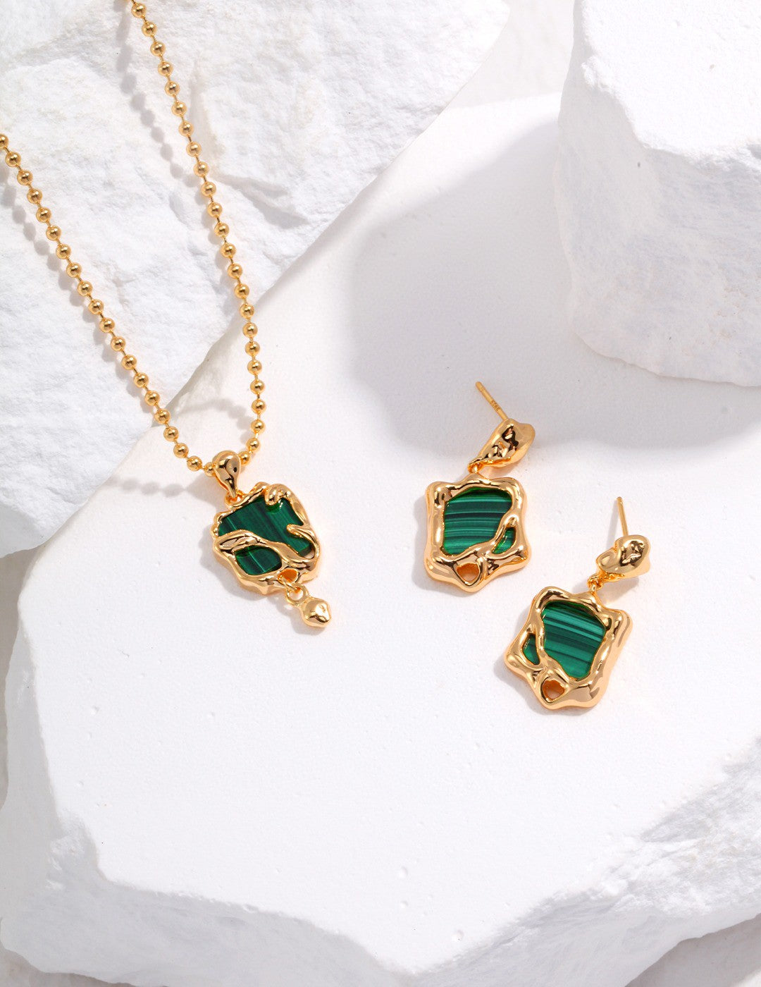 Square Crystallized Green Malaphite Necklace with Gold Beaded Chain