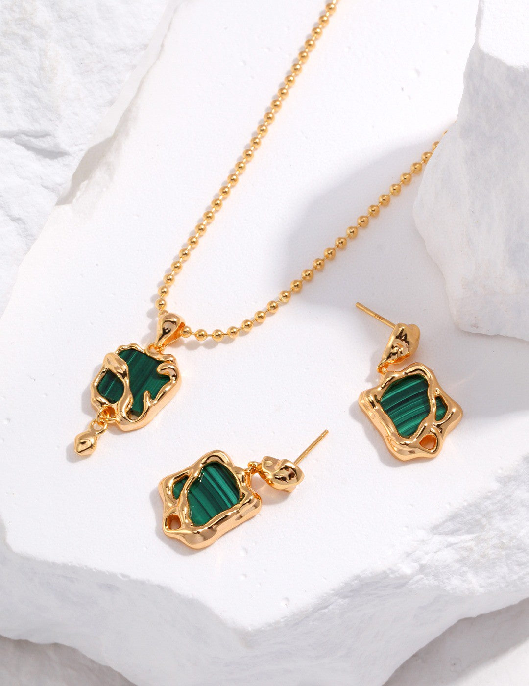 Square Crystallized Green Malaphite Necklace with Gold Beaded Chain