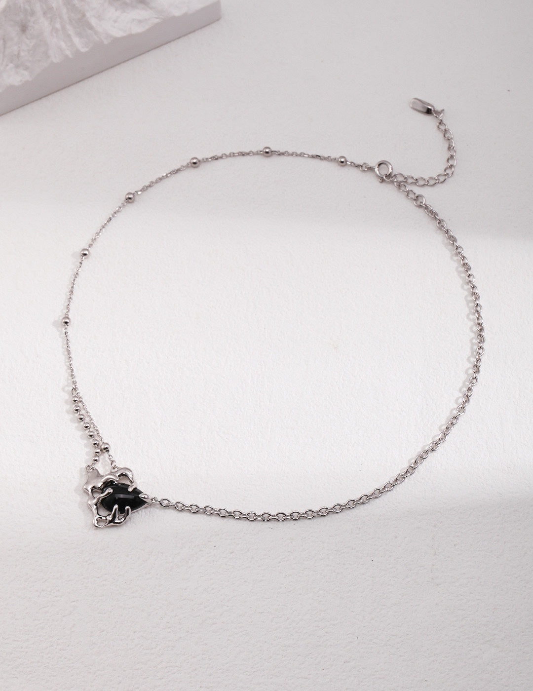 Black gemstone chain necklace, silver & gold