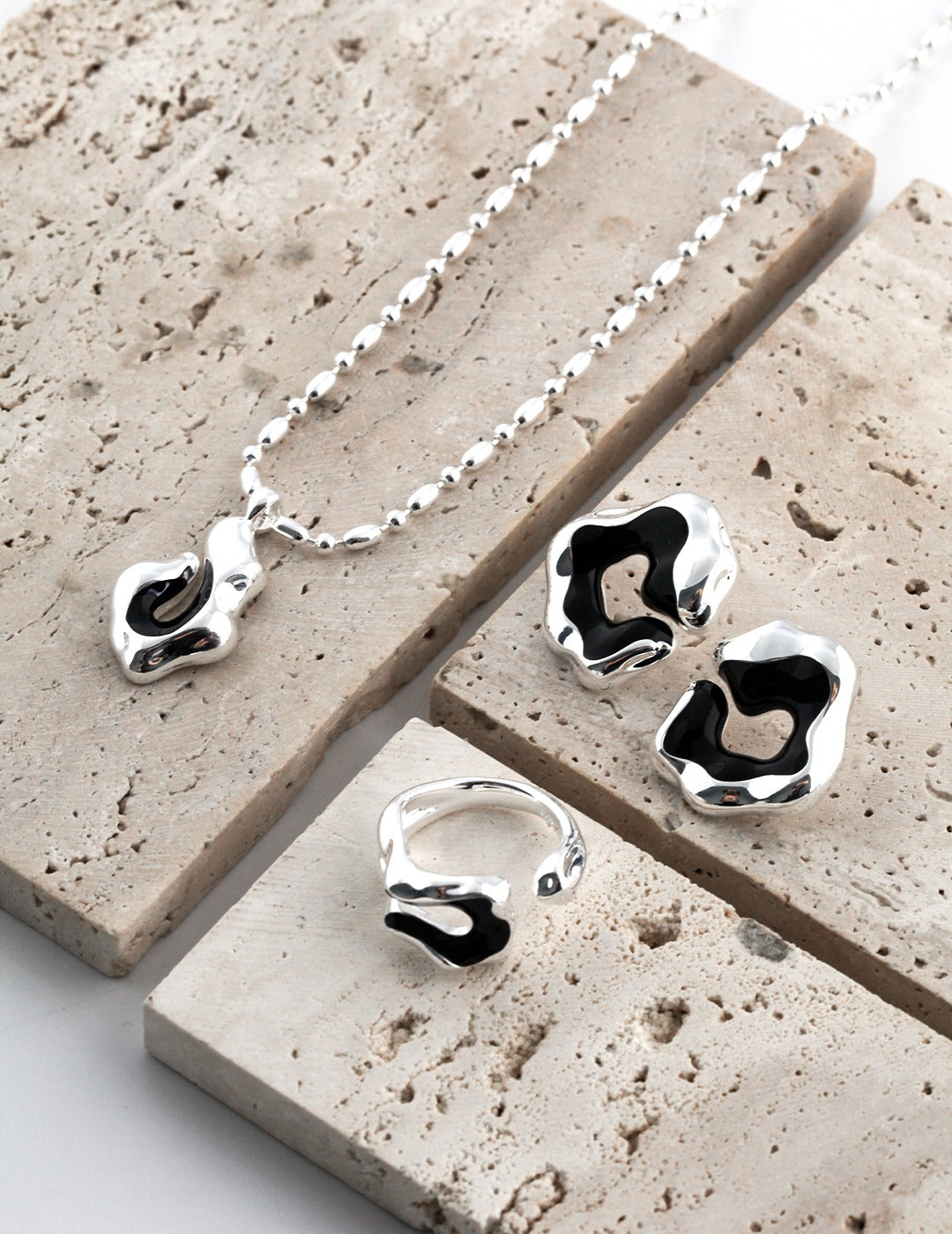 Melted Liquid with Black Enamel Pendant Necklace