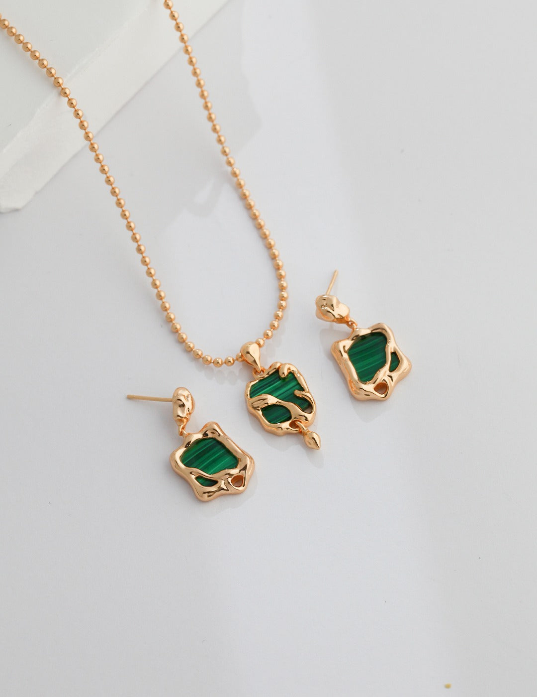 Square Crystallized Green Malaphite Necklace with Gold Beaded Chain