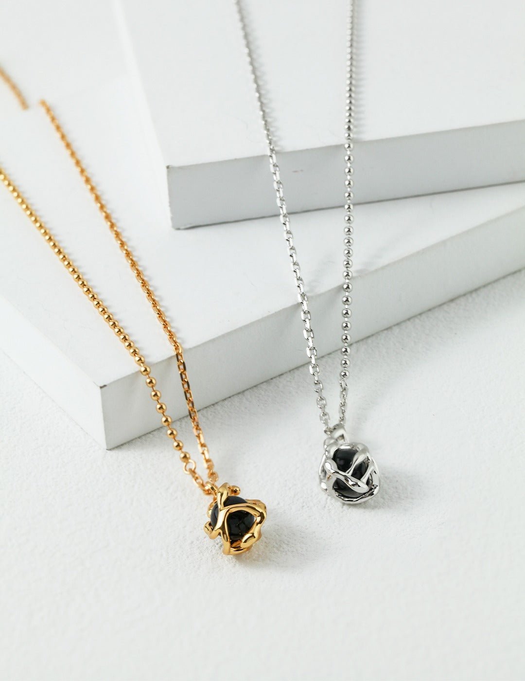 Modern Black Agate Stone Wrapped in Fluid-Like Metal Pendant