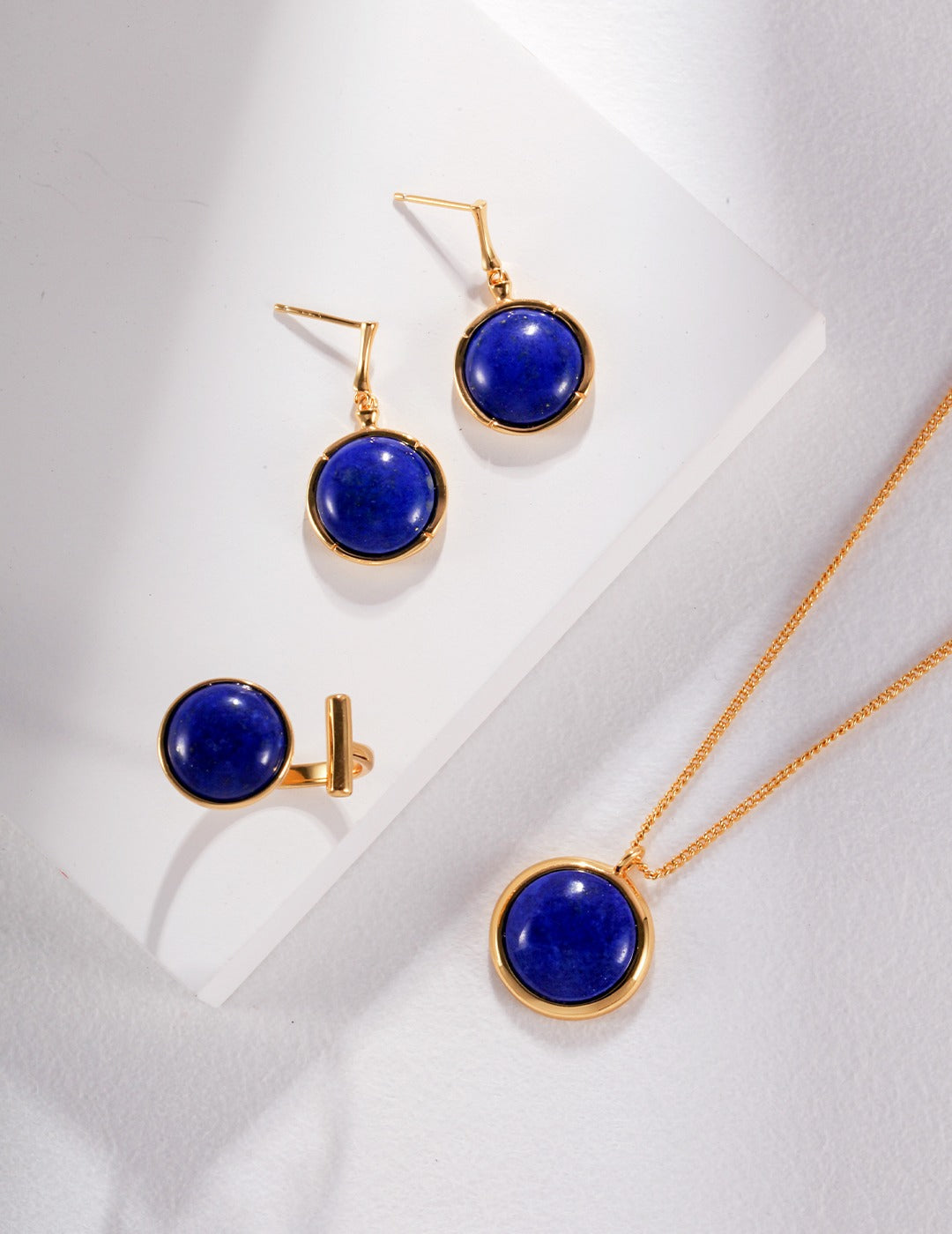 Blue Lapis Lazuli Hemisphere Pendant with Gold Chain Necklace