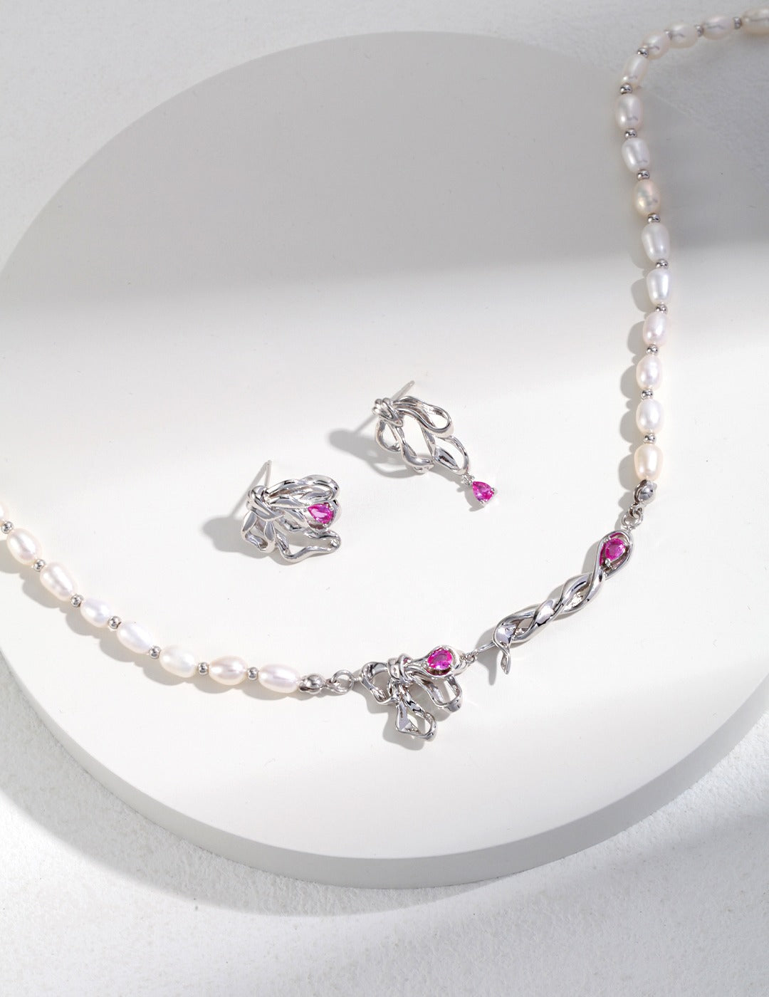 Coquette Ribbon with Magenta Gemstone Pearl Necklace