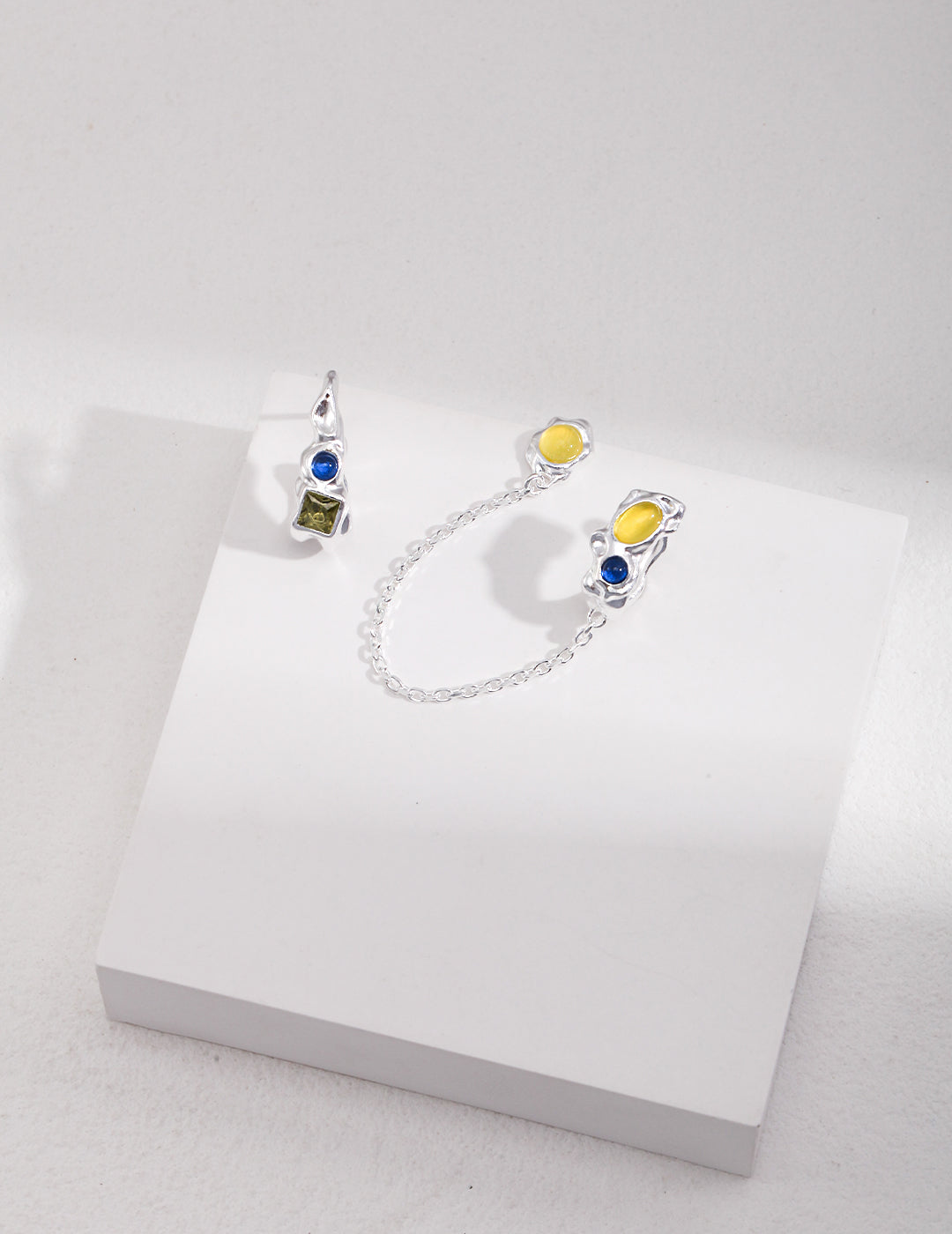 Royal blue dangle chain earrings, silver & gold