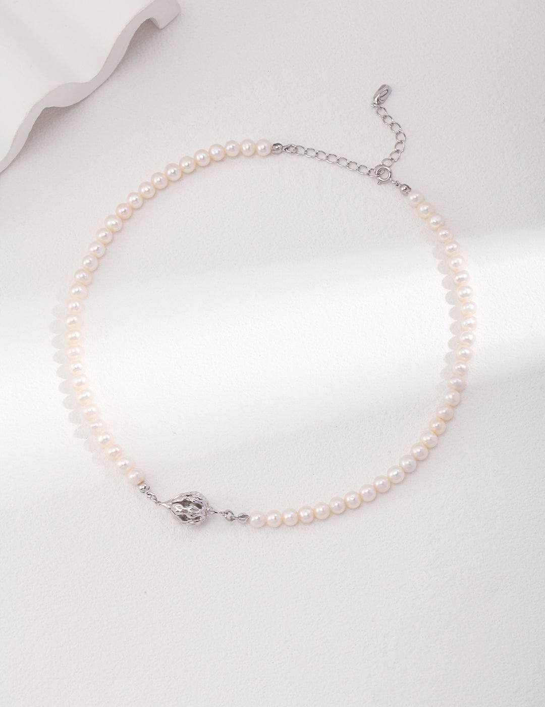 Three Dimensional Flower Bud Pendant with Pearl Strand Choker
