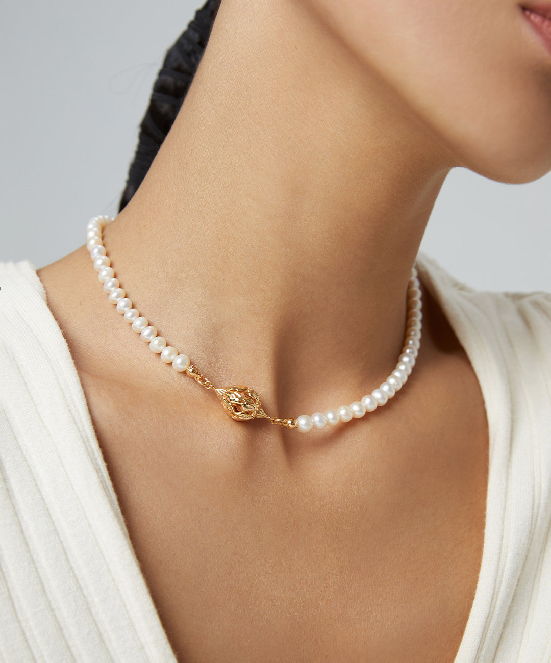 Three Dimensional Flower Bud Pendant with Pearl Strand Choker