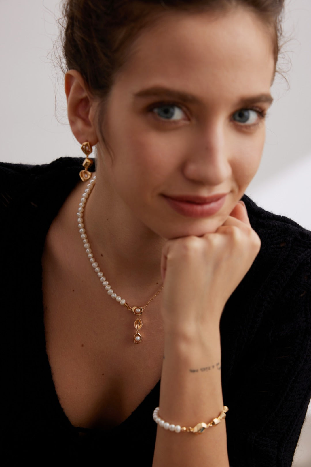 Half Pearls Half Chain Necklace with Dainty Drop Pearl Pendant