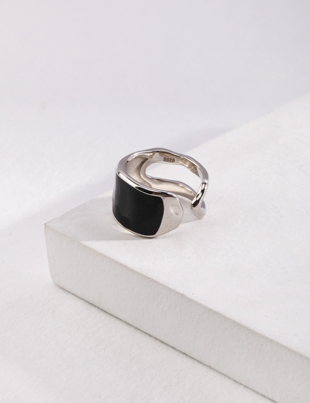 black drop glaze silver rings for ladies sterling silver open ended ring