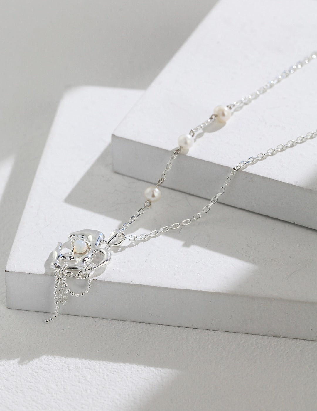 Blisse Opal Stone Pearl Silver Necklace