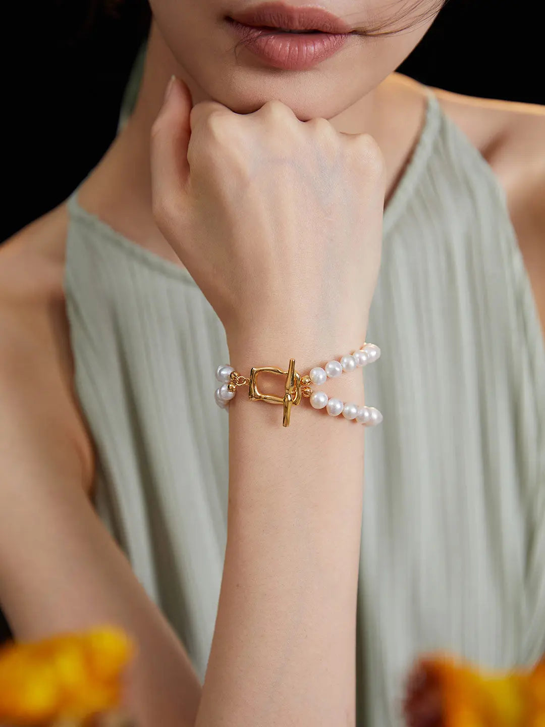 Freshwater pearl double strand bracelet with silver coated 18k gold vermeil clasp
