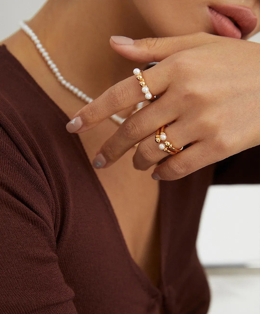 s925 silver gold vermeil open end ring with freshwater pearl and bead in row