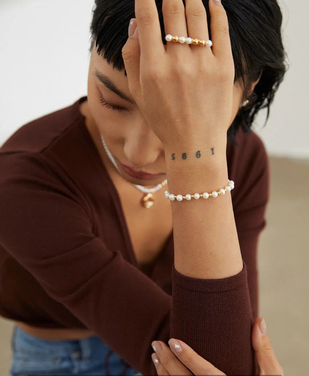 925 silver gold vermeil double finger ring with pearl and silver beads