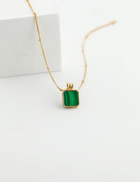 Elegant Green Malachite Stone in Gold Frame Pendant Necklace