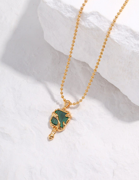 Elegant Green Necklace Featuring a Malachite Stone in Gold Frame