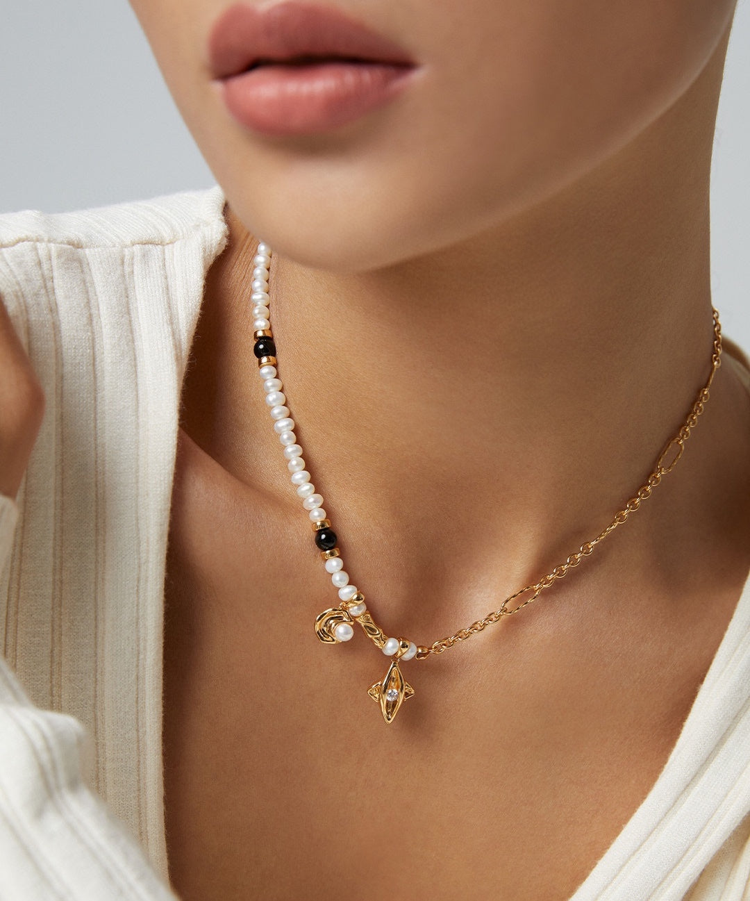 Moon and Star Dainty Pendant with Pearl Necklace