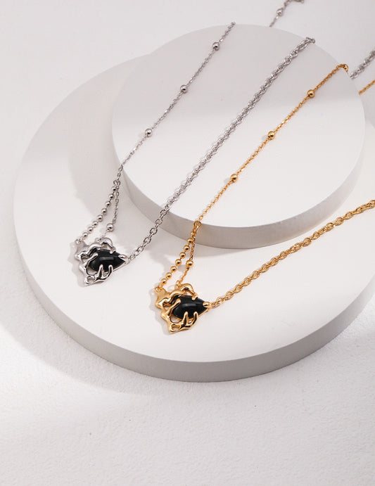 Black gemstone chain necklace, silver & gold