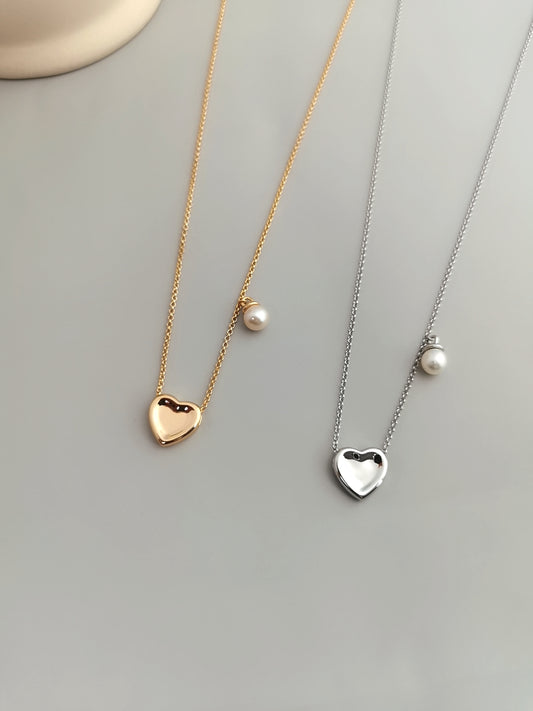 Heart with single pearl necklace, silver & gold