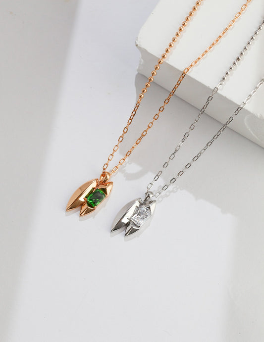 Modern Green and Silver Zircon Pendant on Elegant Spindle Necklace