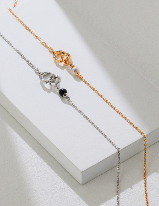 Floating pearl necklace, silver & gold