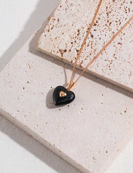 Classic Rose Gold Chain with Black Enamel Heart Pendant
