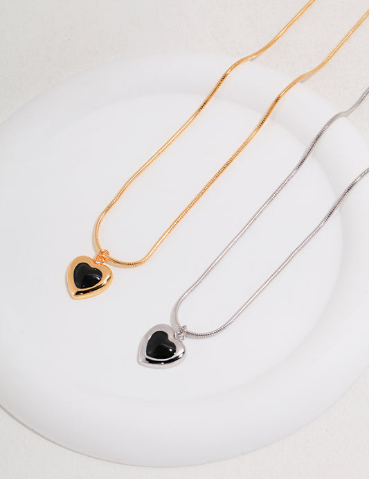 Chic Black Agate Heart on Gold and Silver Chain Necklace