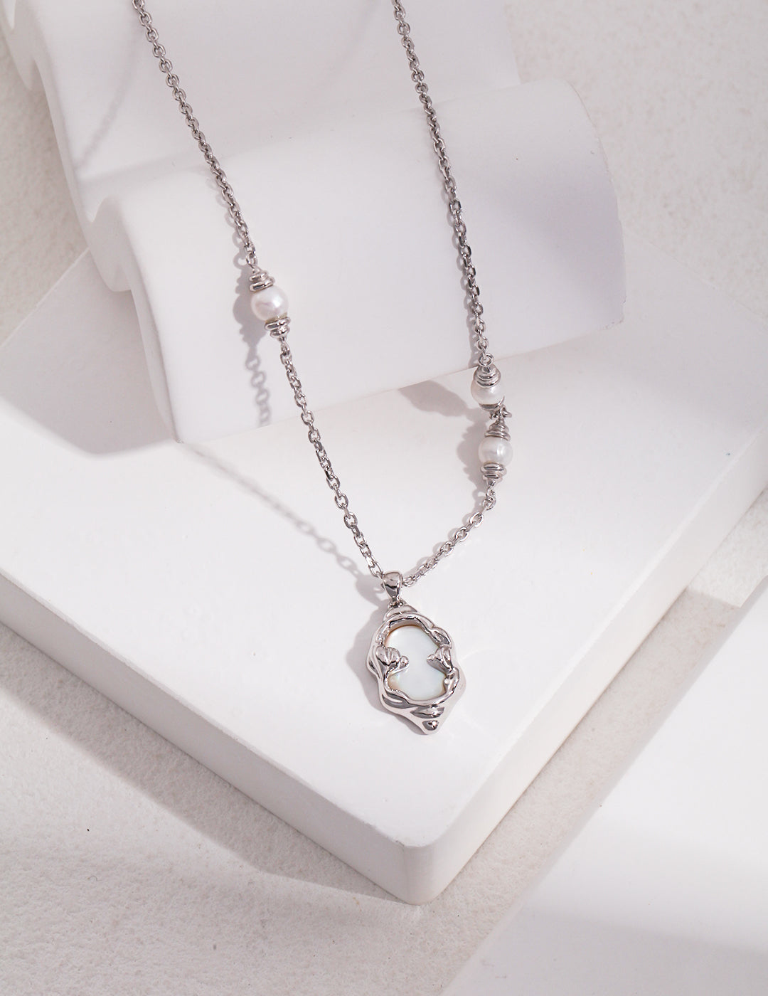 Mirror-like Moonstone Pendant with Floating Pearl Necklace