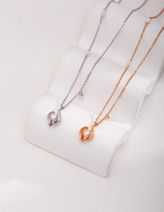 Nature-Inspired Tulip Necklace with Floating Pearls in Gold and Silver
