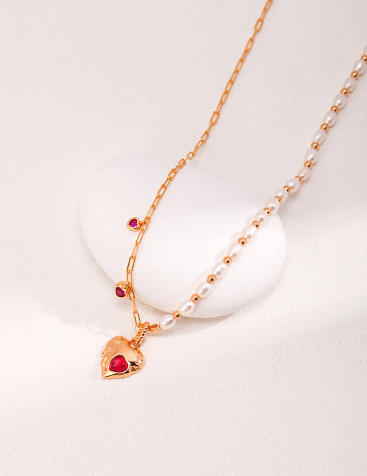 Red Corundum Heart-Shaped Pendant on Pearl Necklace by Señorita J