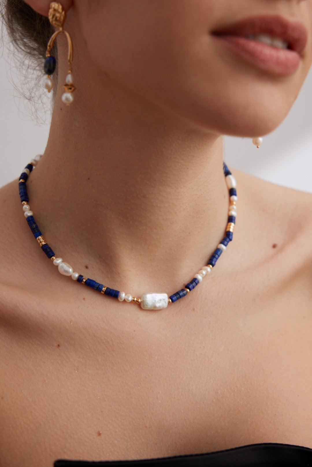 Adjustable Navy Blue Lapis Lazuli Choker with Large Baroque Pearls