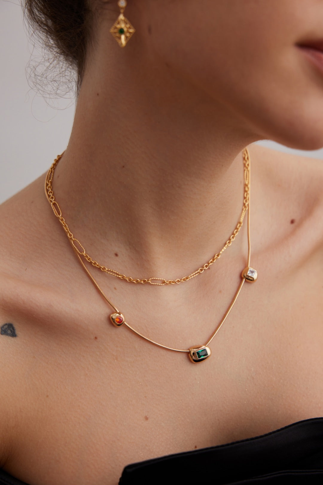 Tri Colour Gemstone Gold Necklace