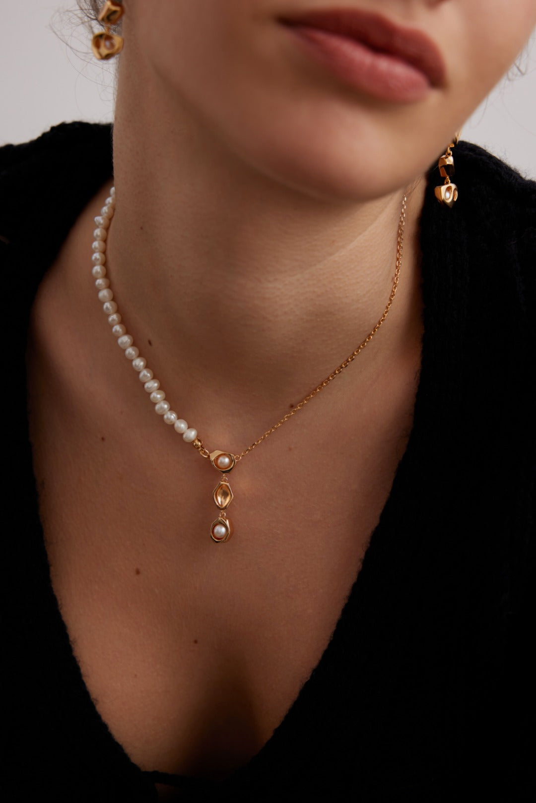 Half Pearls Half Chain Necklace with Dainty Drop Pearl Pendant