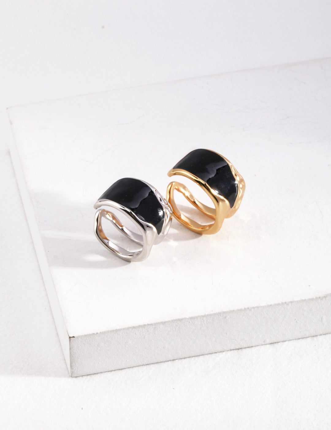 black drop glaze silver rings for ladies 18k vermeil sterling silver open ended ring