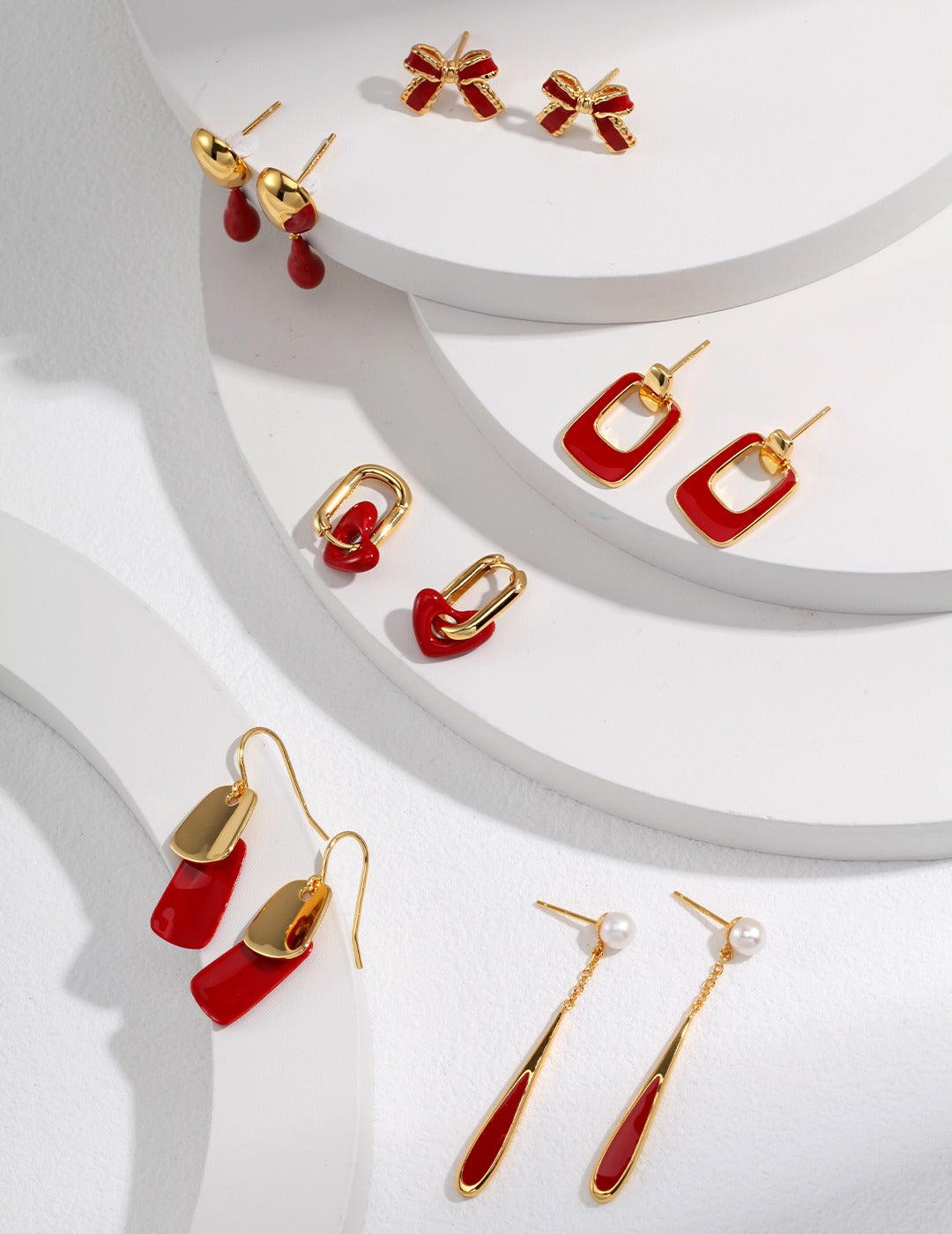 Minimalist Retro Style Gold Earrings with red drip glaze