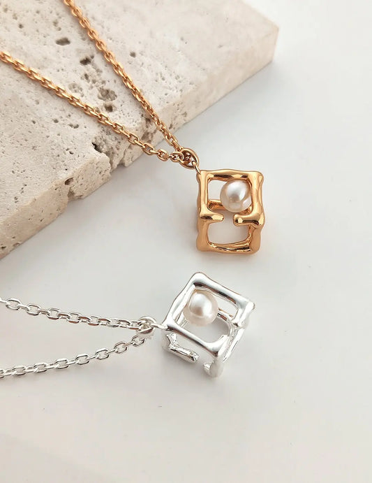 925 sterling silver necklace with hollow cube pendant freshwater pearl 