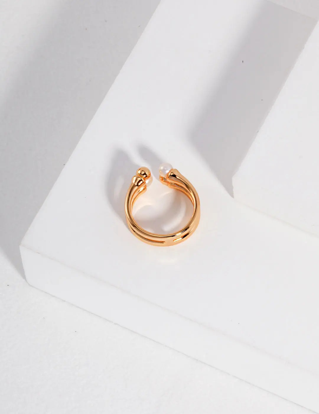 Double layer silver gold vermeil open ring with asymmetrical freshwater pearl