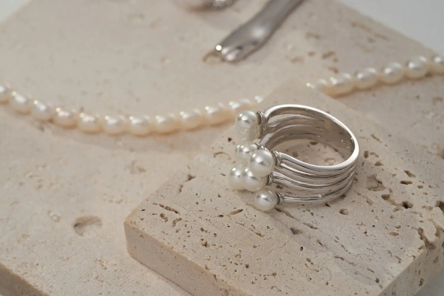 four strand sterling silver ring with freshwater pearls