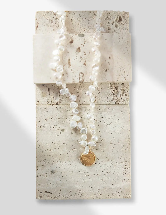 simple baroque freshwater pearl necklace with w wording pendant 